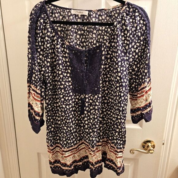 Solitaire Tops - Boho peasant blouse hippie 3/4 sleeves relaxed oversized fit xl